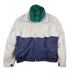 VTG Men's Towncraft Colorblock Full Zip Jacket Sz L Large Cream Navy Drawstrings